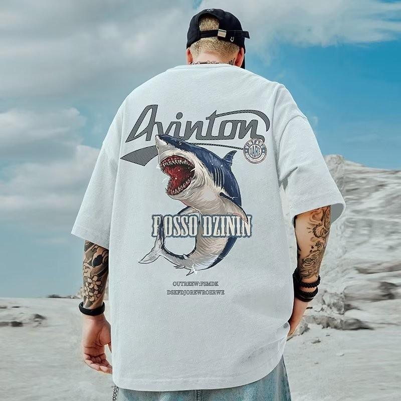 T-shirt da uomo in cotone Oversize Moda Stampa Cartone Animato Attacco di Squalo Maglietta da uomo a maniche corte Top larghi a girocollo