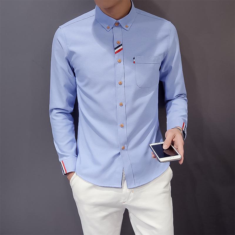 Men's Oxford Spinning Long Sleeve Shirt Teen Korean Slim-Fit Casual No-Iron Shirt
