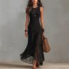 European and American solid color sleeveless round neck splicing irregular chiffon ruffle edge elegant holiday dress