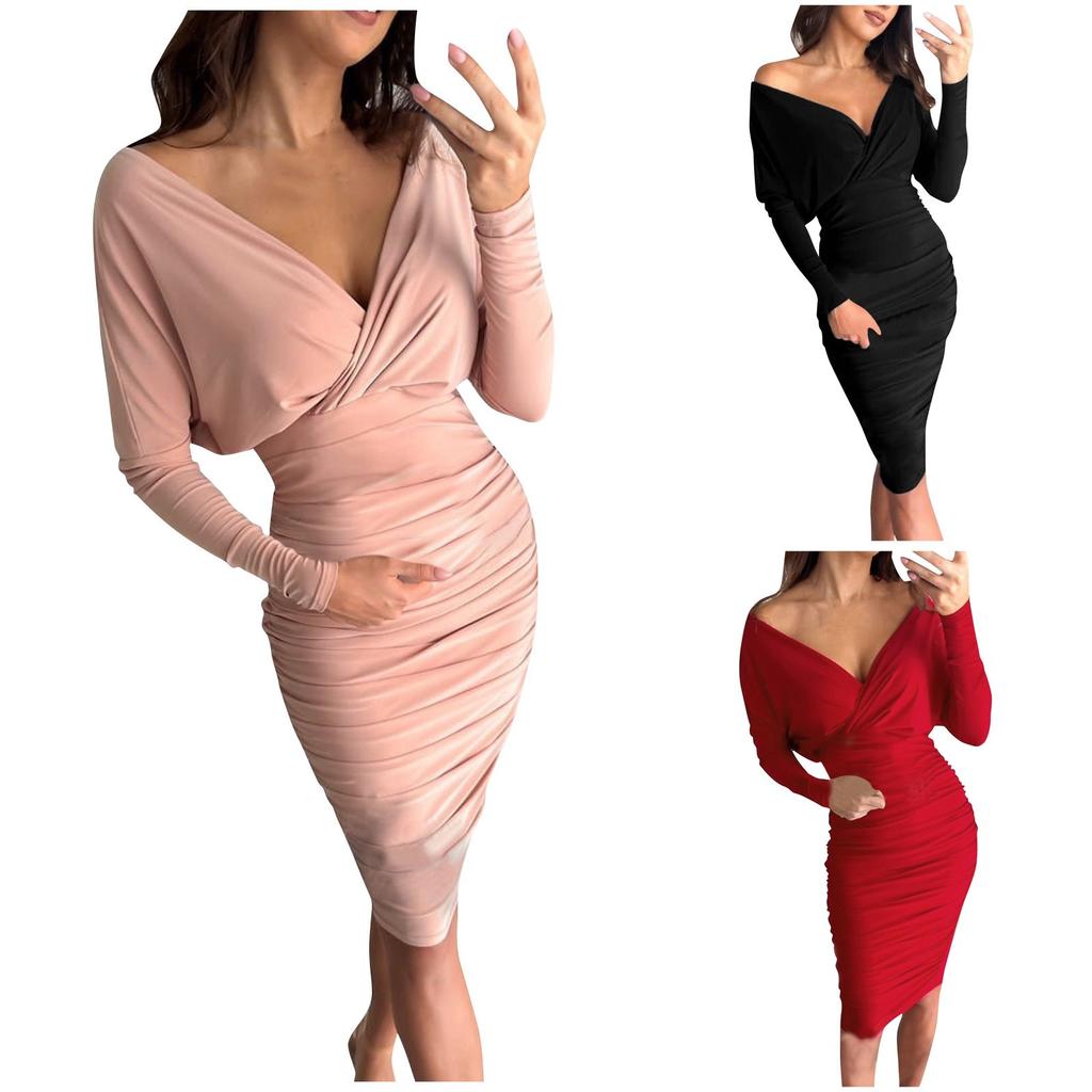 Women's Color Long Sleeve V-Neck Zipper Sexy Dress Waist Tight Dress