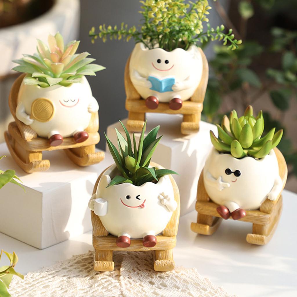 Cute Sit Rocking Chair Succulents Flower Pots with Drain Hole Smile Faces Planter Pot, Cartoon Resin Pot for Indoor