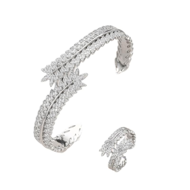 Copper Jewelry Set Featuring Micro Pave Cubic Zirconia Rings and Adjustable Wheat Designs Bracelet 1