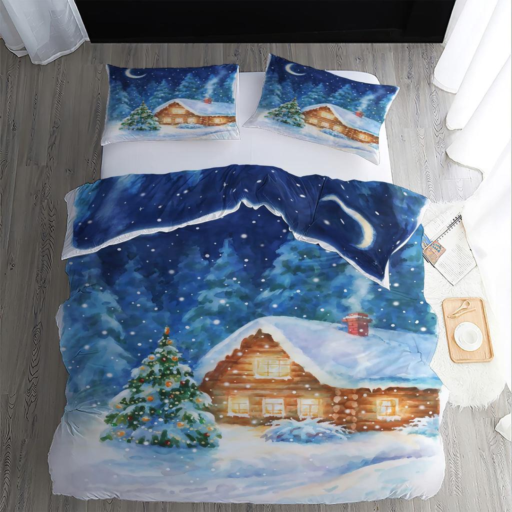 Pink Christmas Three-Piece Digital Printing Bedding Set Cartoon Santa Bed Cover