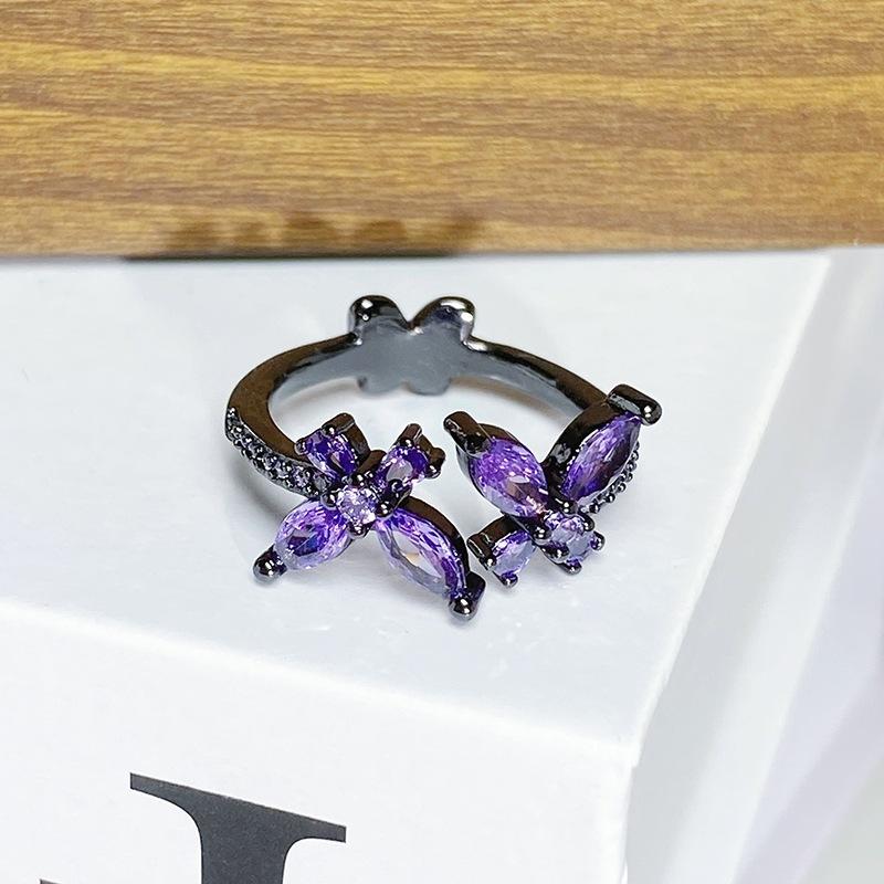 Dark Purple Diamond Zircon Colored Treasure Butterfly Opening Ring Personality Niche Punk Retro Advanced Sense Stacked Ring Woman