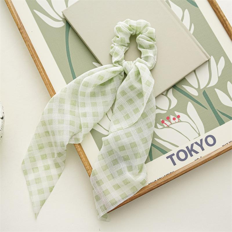 Chip Flower Grid Print Bow Hair Scarf Hair Scrunchies Chiffon Floral Scrunchie Hair Bands Ponytail Holder Scrunchy Ties 34cm 1Pc