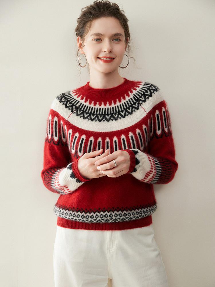 Artistic Retro Fair Isle Cashmere Sweater: 2025 Autumn/Winter Collection, Round Neck, Thick Knitwear, Loose Fit Fashion Base Layer