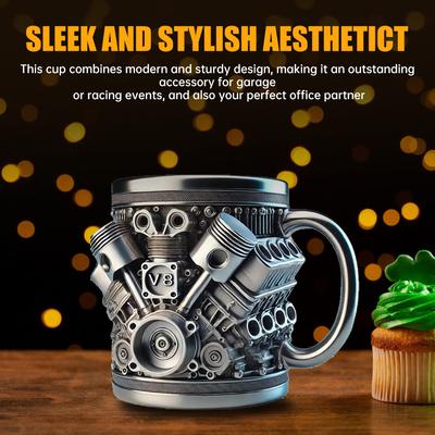Personalized Stainless Steel Cup Creative 3D V8 Engine Design Coffee Mug Durable Double-layer Insulation for Car Enthusiasts