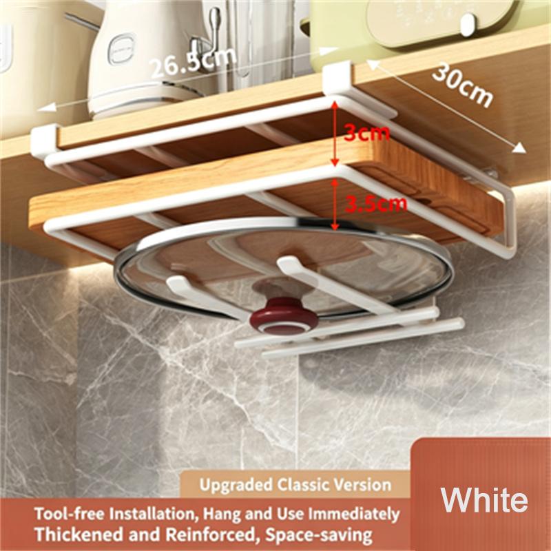 Kitchen Under Cabinet Hanging Organizer Rack with Hooks Multi-Purpose Holder for Paper Towel Cutting Board & Pot Lids