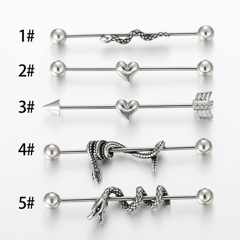 YW New 14g Industrial Barbell Stainless Steel Scaffold Industrial Bar Piercing With Women Snake Industrial Piercing Jewelry 14g&1