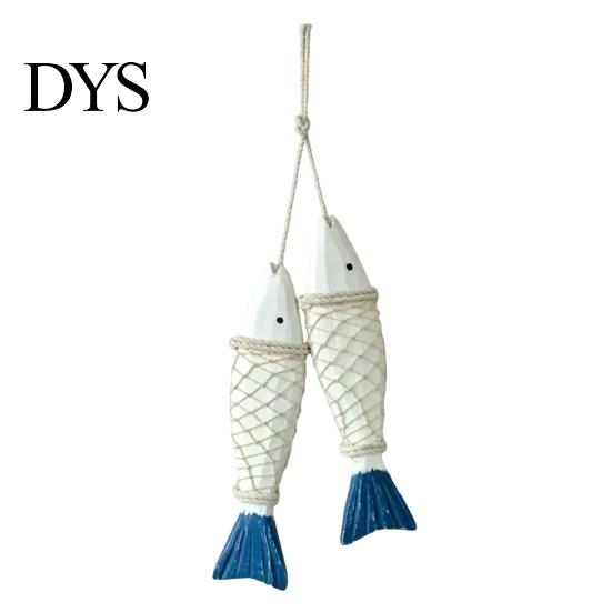 Seaside Wall Hanging Rustic Nautical Wooden Fish Decor, Coastal Beach Style Home Decor Ornament with Fishing Net for Lake House, Bedroom, Bathroom