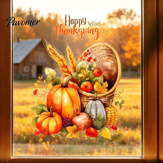 Static Window Clings for Thanksgiving Harvest Themed Sticker, Decorative Non Adhesive Cling, Removable Holiday Glass Stickers Watercolor Decals