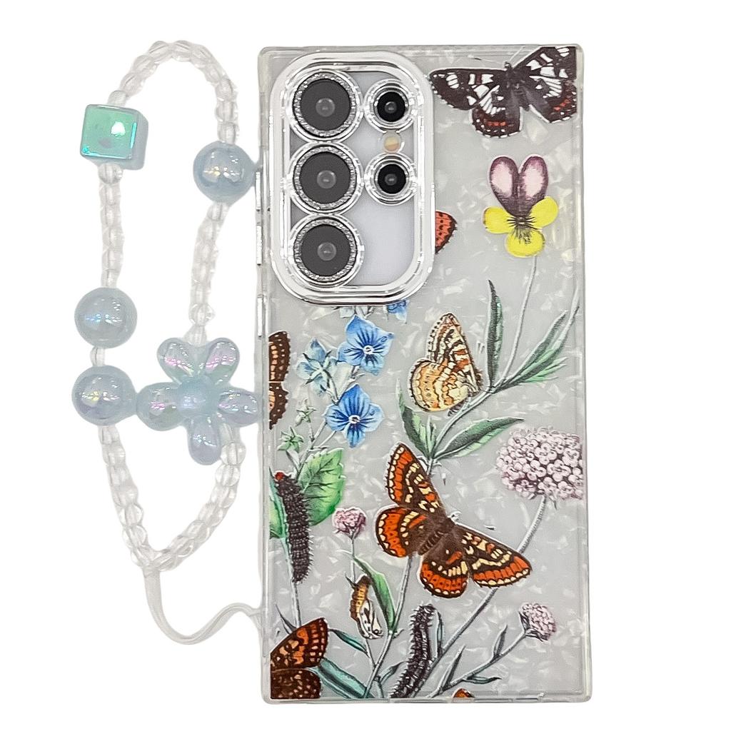 Suitable for Samsung S25 Ultra Mobile Phone Case Electroplated Flower and Grass S24FE with Bracelet Flash Powder Lens Film A56 Protective Case