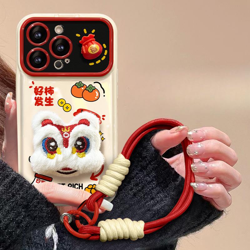 

Подходит для Apple 15 Чехол для мобильного телефона iPhone 13/14promax Plush Lion Dance Lanyard 11/12 Flip Mirror Xr iPhone 15 Pro