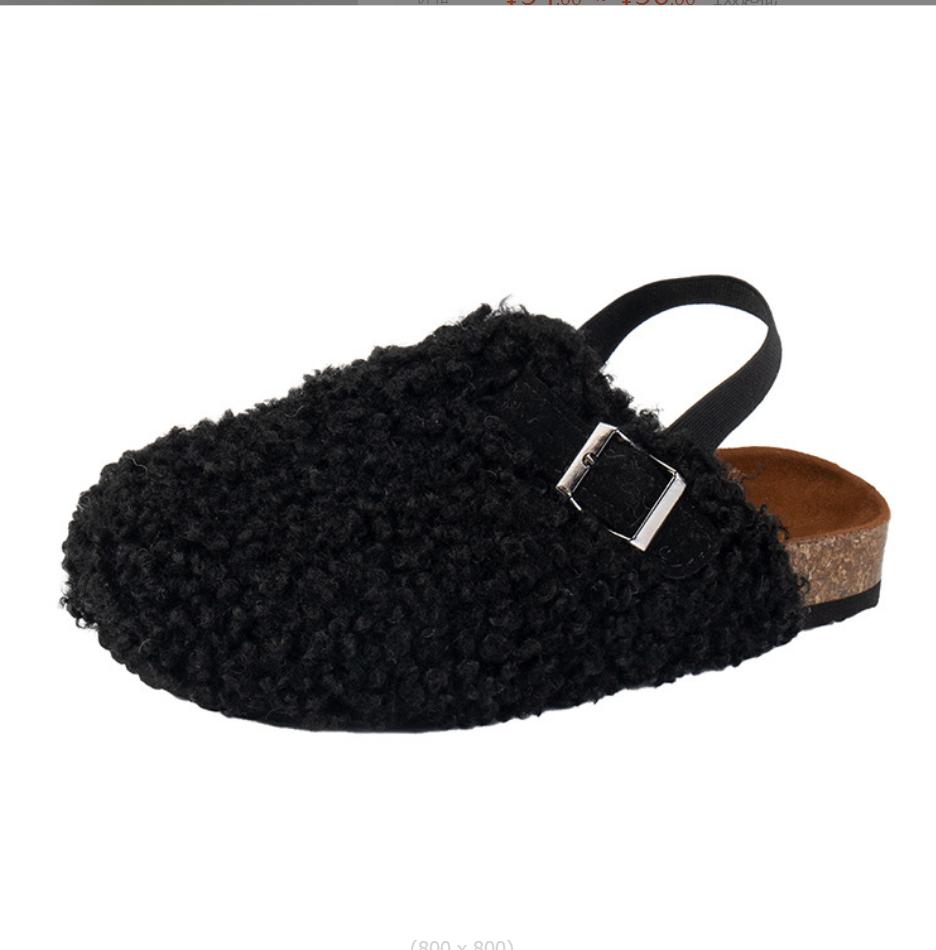 

Модные детские теплые пушистые туфли для девочек, плюшевые сандалии, искусственный мех, балетки, тапочки для малышей, начинающих ходить, с эластичным ремешком сзади, полутапочки 36 чёрный