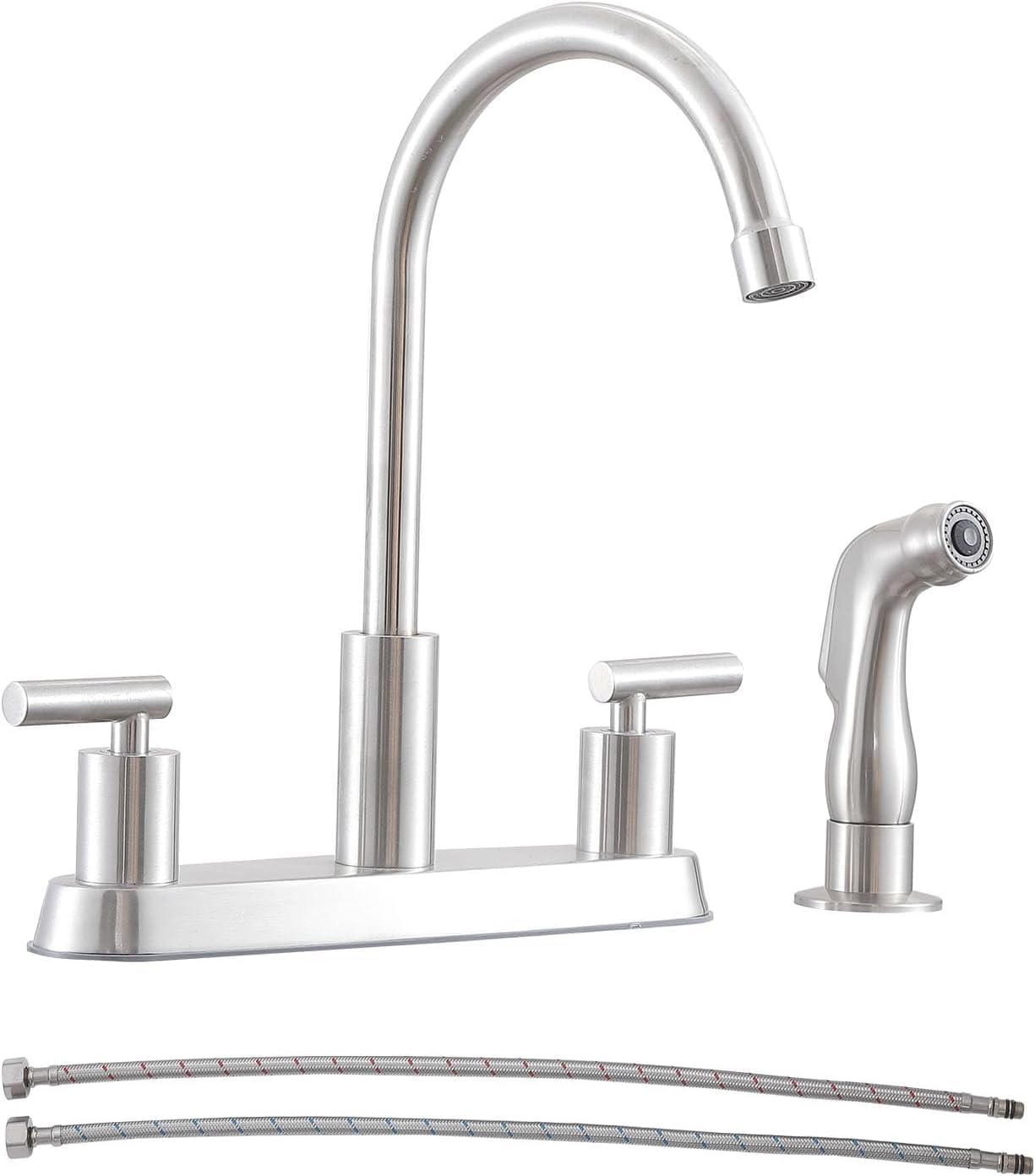 

4-Hole Kitchen Faucet, Brushed Nickel, 2-Handle with Side Sprayer, High Arc, 8 Deck Mounted