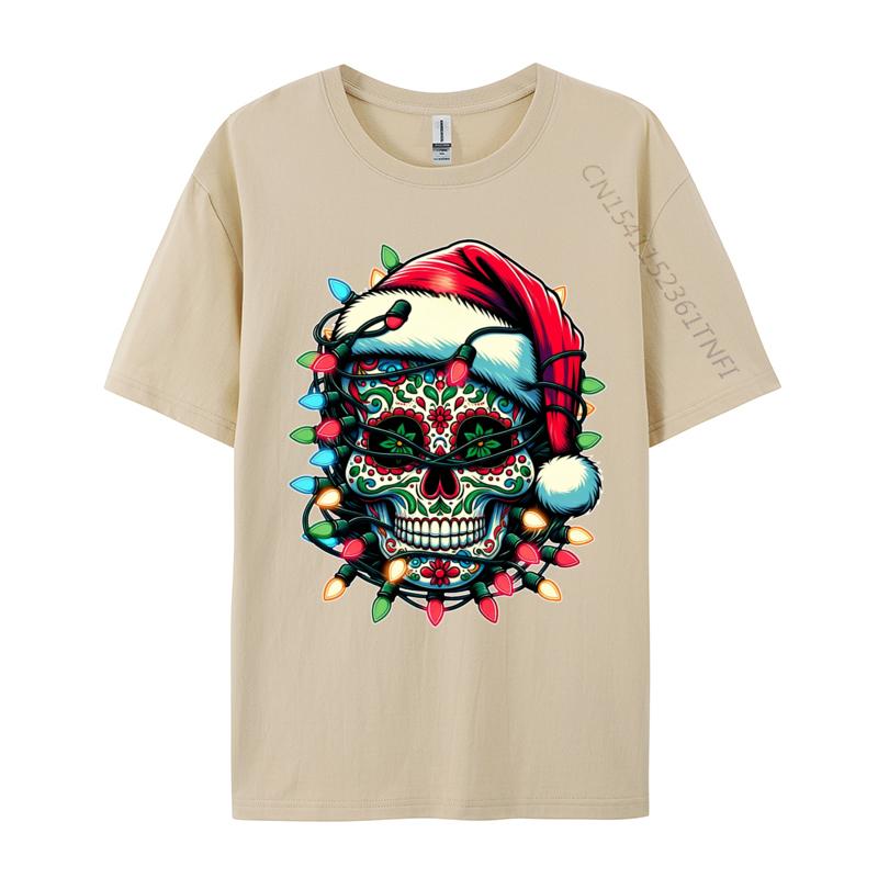 Weihnachten Zuckerschädel Weihnachtsmannmütze Lichter Tag der Toten X-Mas T-Shirts Herren T-Shirt Tops Baumwolle Oversized T-Shirt Herren Kleidung