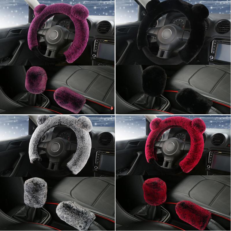 New 3Pcs Winter Plush Fur Car Steering Wheel Cover Hand Brake Handbrake Cover Gear Knob Cover Fluffy Soft Grab cute Styling