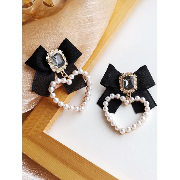 S925 Needle Sweet Jewelry Black Bowknot Earrings New Design Crystal Glass Simulated Pearls Heart Drop Earrings For