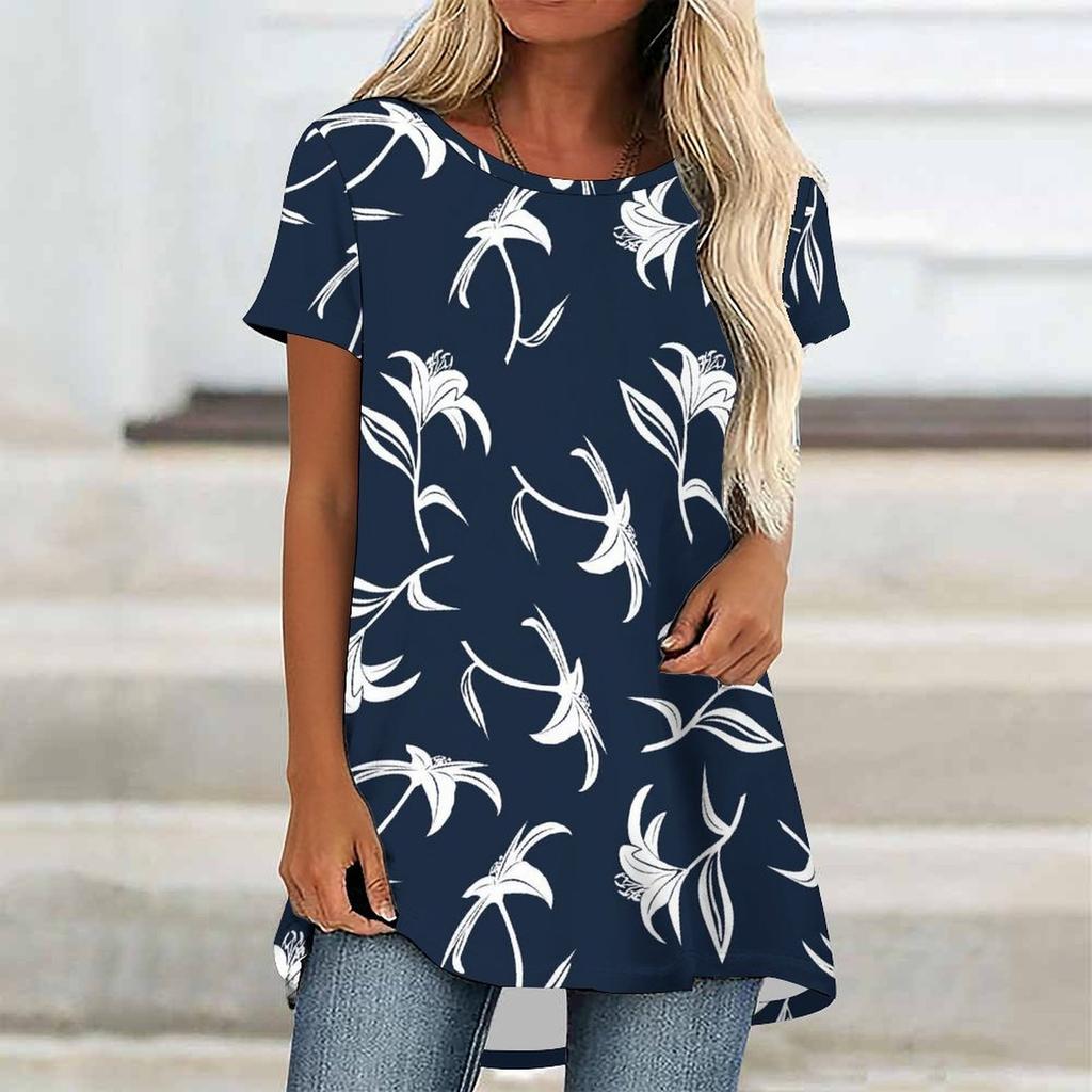 Túnicas Casuales Informales para Mujer con Estampado, Cuello Redondo, Dobladillo Irregular y Manga Corta