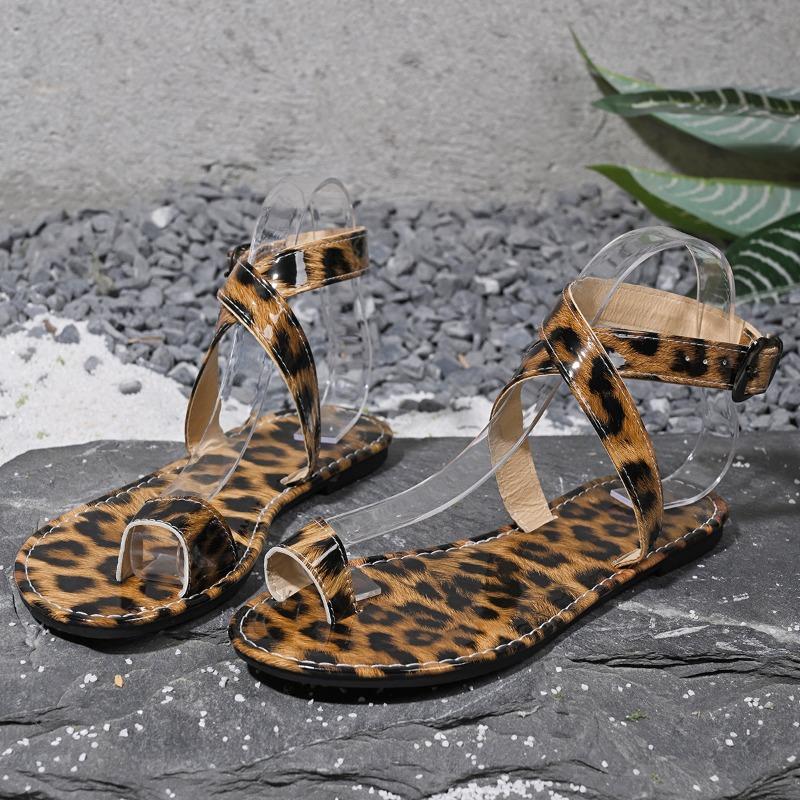 Fashion 2025 Summer Leopard Print Flat-bottomed Clip Toe Sandals One-word Buckle Belt Fashionable Outdoor Large Size 36 43 Women's Shoes