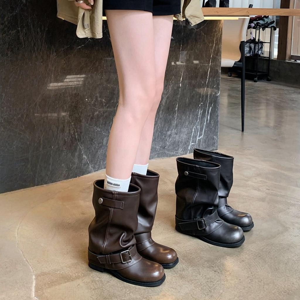 Spot version~ Grape Mom, the same wasteland wind thick bottom heightening and wide tube circumference stacking boots, western short boots for women's