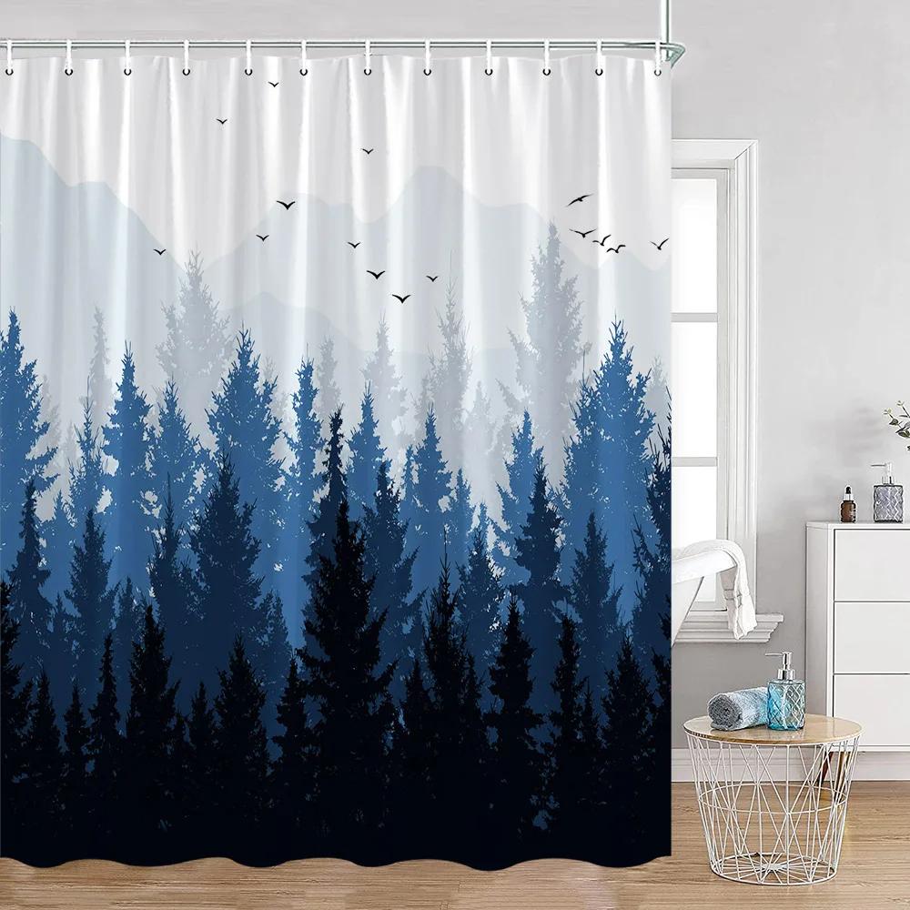 Duschvorhänge mit nebligen Wäldern, verschneite Kiefern, grüne Wälder, Naturlandschaft, minimalistisches Badezimmerdekor, moderner Badevorhang aus Polyester