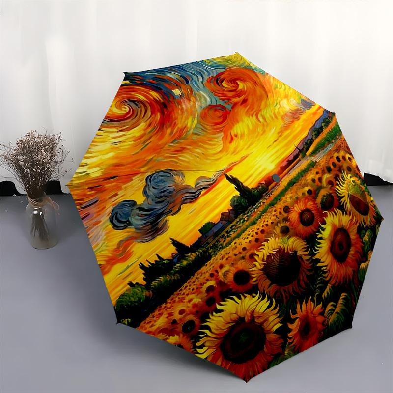 1pc Sunflower Field Automatic Folding Umbrella, Portable 3-Fold Design, 8-Bone Iron Frame Outdoor Umbrella, Ideal Gift for Fans, Travelers, Daily Use,