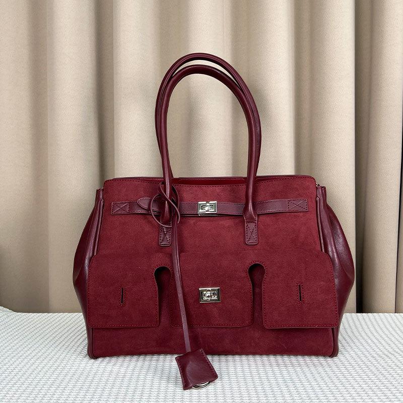 

Brand Lock Tote Bag For Women Frosted Brown Leather Patchwork Shoulder Bag Versatile Large Capacity Handbag Travel Storage Bags