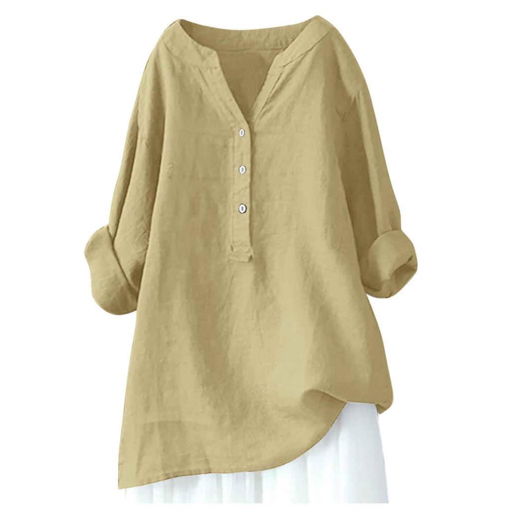 European American Loose Solid Color Stand Collar Button Long Sleeve Cotton Linen Top