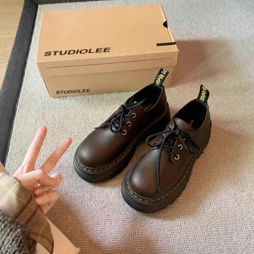 Rindslederversion~ Klassische Leder-Schnürschuhe im britischen Stil mit erhöhter dicker Sohle, runder Spitze, kleine Lederschuhe, Damen-Slipper, Muffin-Schuhe