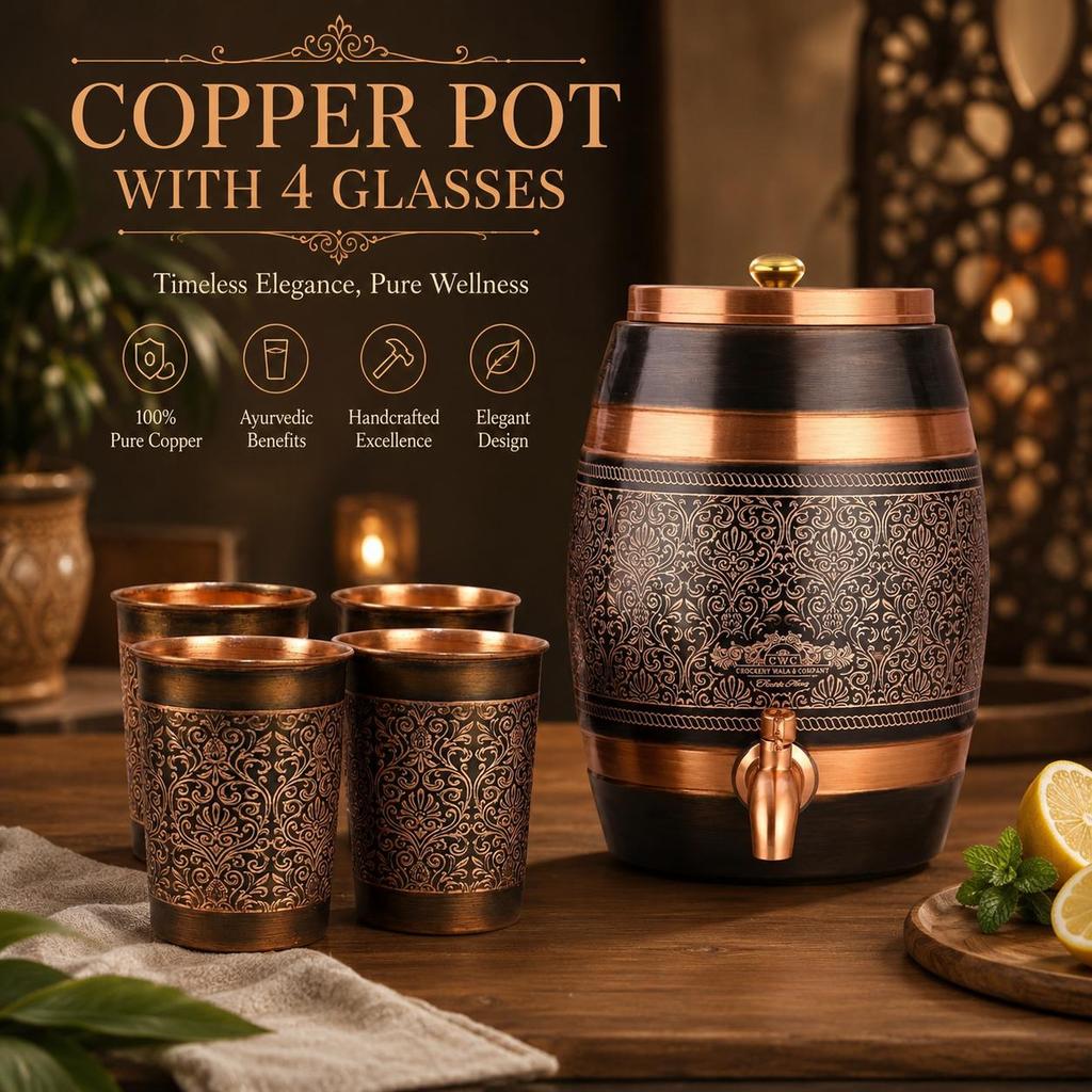 Pure Copper Water Dispenser 5 Litre | Pure Copper Handcrafted Glasses Set with Gift Box Set of 4 Antique Etching Design - 250ml