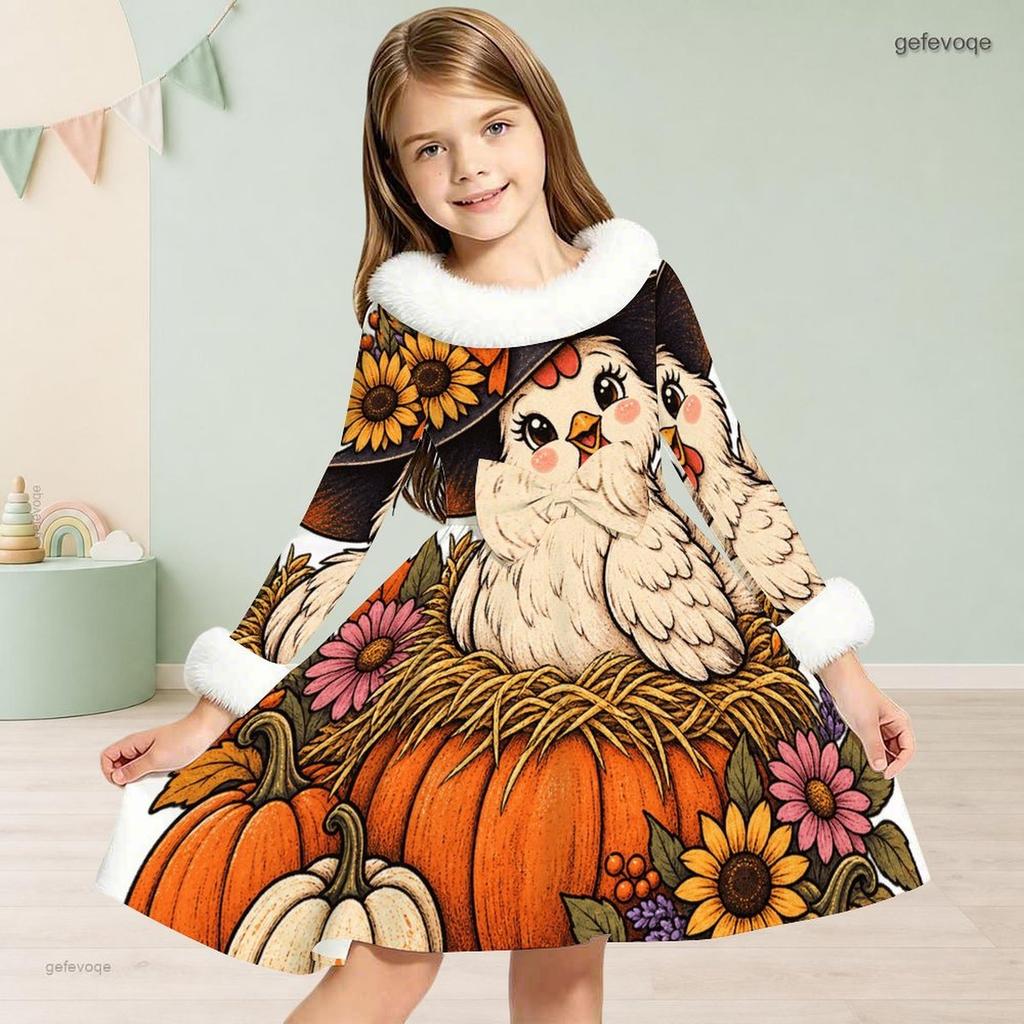 Girls Furry Trim High Neck Long Sleeve A Line Flared Hem Ghost Pumpkin Floral Printed Dress