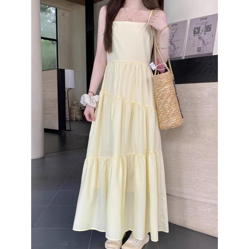 Summer temperament sweet vacation style fairy yellow suspender dress small man dopamine wear