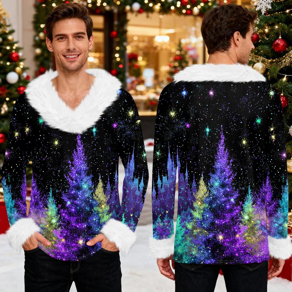 Herren Lässiges Weihnachten Bedrucktes Plüsch V-Ausschnitt und Fleece Langarm-Sweatshirt