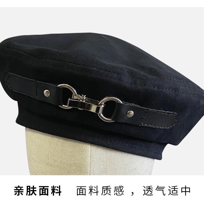 Hat women's new leather buckle design windproof beret metal warm painter hat navy hat octagonal hat