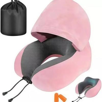 U-shaped Hooded Travel Pillow Lightweight With Zippered Memory Foam Pillow Removable Hood With Storage Bag And Earplugs