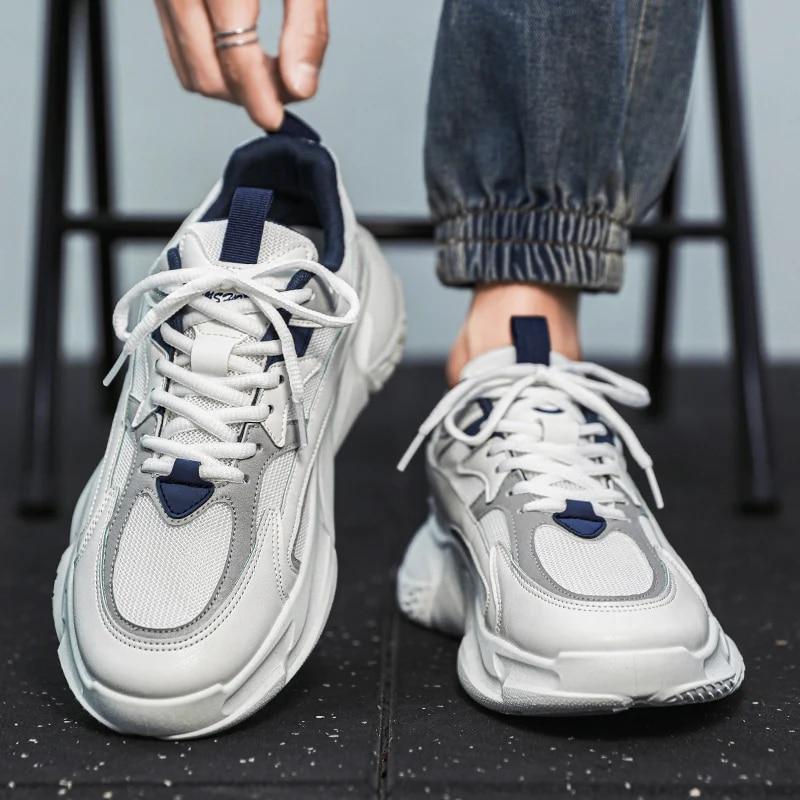 Thick Sole Versatile Clunky Sneaker For Men  Trend Mesh Lace Up Breathable Casual Sports Shoes Increased Soft Soles