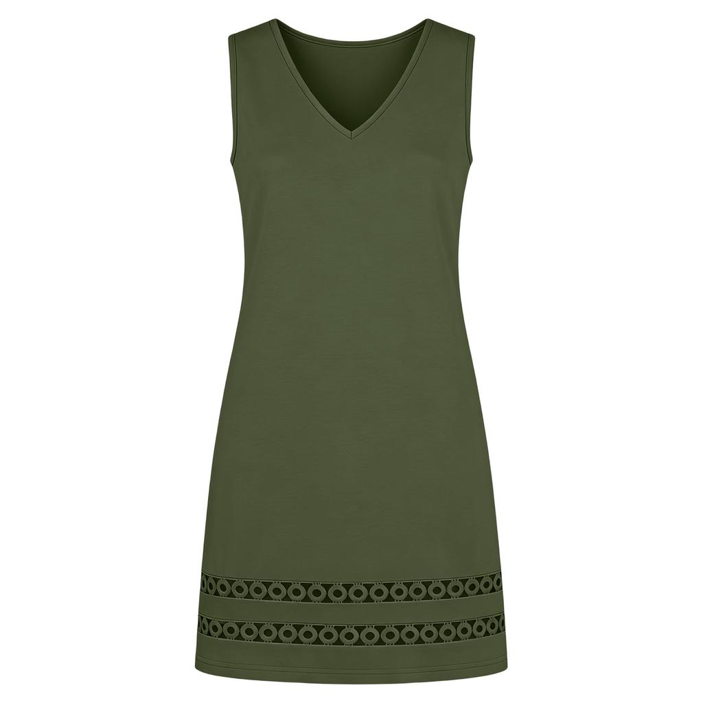 Women Sleeveless V Neck Casual Dress with Hollow Out Hem A Line Loose Fit Summer Sundress for Daily Wear Holiday Beach