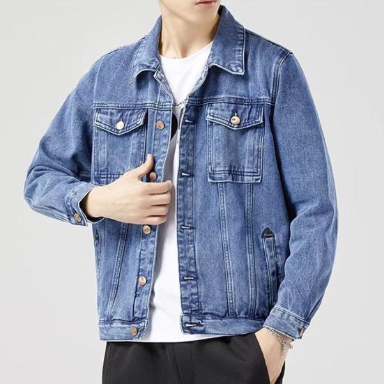 Pánská džínová bunda Klopa Dlouhý rukáv Kapsy s klopou Jednobarevný kabát Zapínání na knoflíky Neformální džínové svrchní oblečení Každodenní nošení