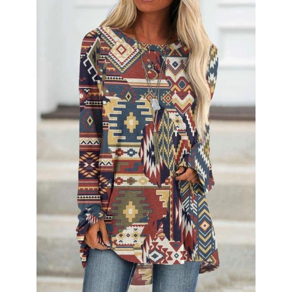 Round Neck 3D Ethnic Style Printed Top Fashionable Casual Long Sleeved Women's T-shirts
