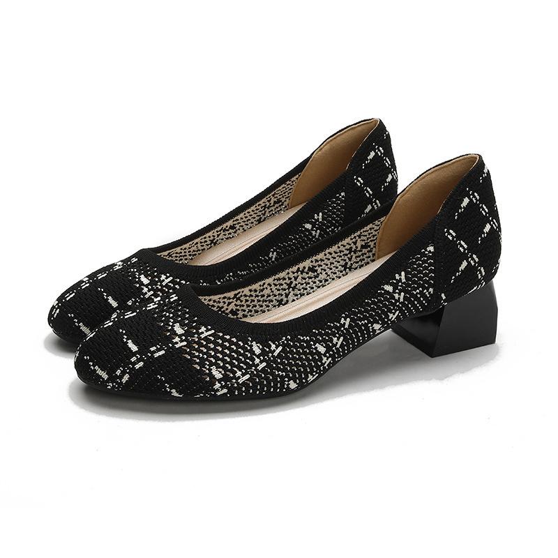 

Новые полые удобные повседневные туфли с круглым носком и неглубоким воротом, трикотажные туфли на толстом каблуке и высоком каблуке для женщин 34