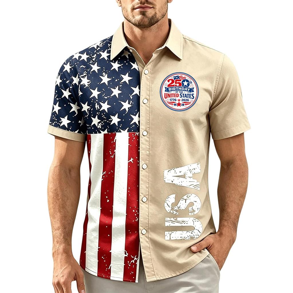 Men Short Sleeve Button Down Casual Collared Shirt with United States Letter Print and Flag Pattern for Spring Summer Wear