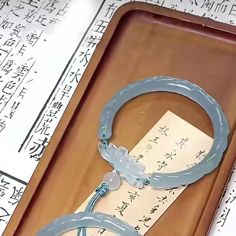 Chinese Antique Style Imitation Jade Lotus Bangle Chinese Style Tassel High-End Bamboo Bracelet Collection Jewelry Gift Femme