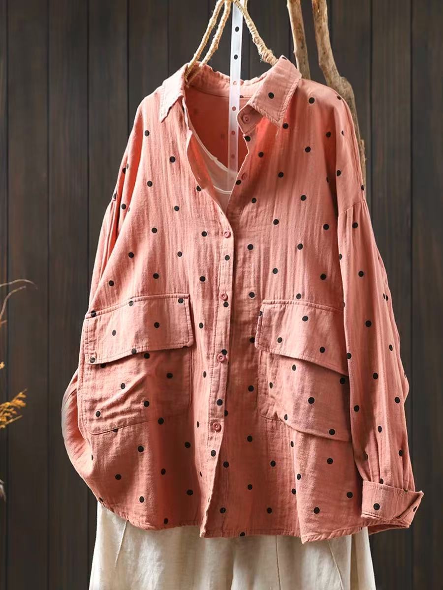 

Johnature Женские рубашки в горошек Топы Блузки с отложным воротником Весенние пуговицы Длинные рукава Карманы Женские рубашки One Size розовый