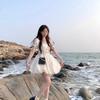 White bubble sleeve jacquard pleated dress female summer small princess style banquet high waist bud short dress