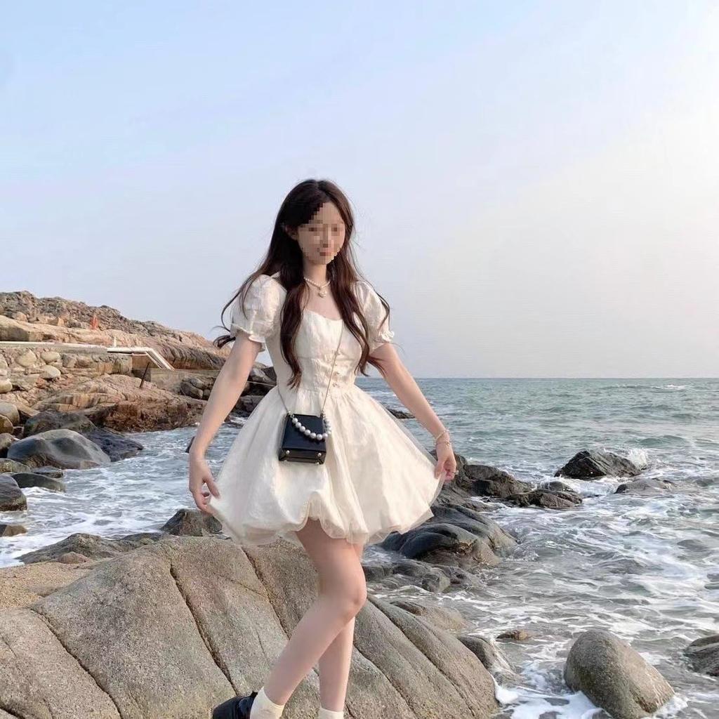 White bubble sleeve jacquard pleated dress female summer small princess style banquet high waist bud short dress