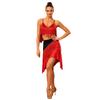 Women‘s Latin Dance Set V Neck Sleeveless Fringe Top Crisscross Back with Irregular Hem Color Block Skirt for Cha Cha Tango Stage Show