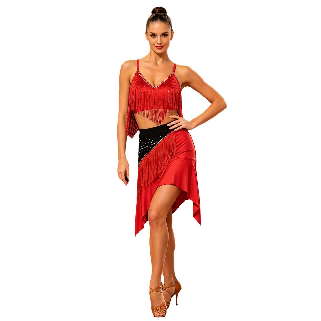 Women‘s Latin Dance Set V Neck Sleeveless Fringe Top Crisscross Back with Irregular Hem Color Block Skirt for Cha Cha Tango Stage Show