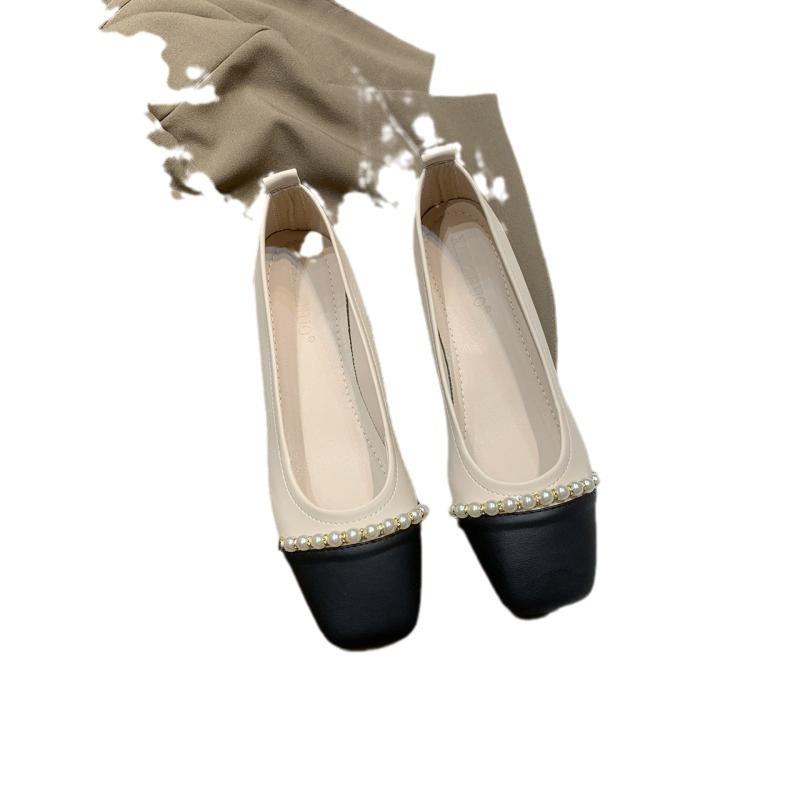 Spring 2025 New French Square Head Single Shoes Women's Low Heel Night Wind Fairy Shoes Light Mouth Soft Leather Retro Grandma Shoes