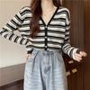 Retro autumn and winter versatile long-sleeved collar striped cardigan sweater women's knitted bottoming shirt jacket women
